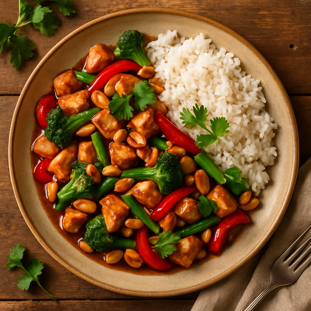 Kung Pao kylling med peanuts og stegte grøntsager