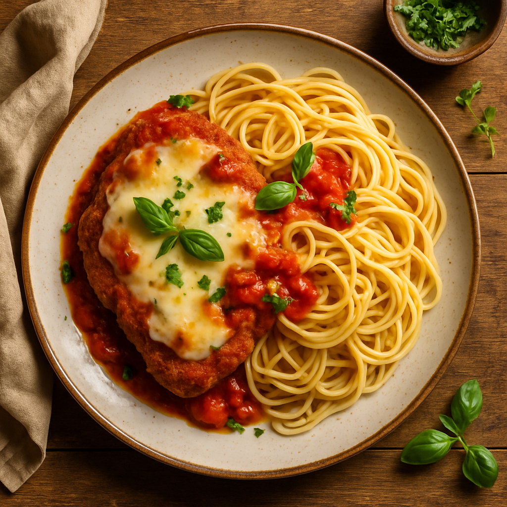 Kylling Parmigiana med Spaghetti og Frisk Tomatsauce