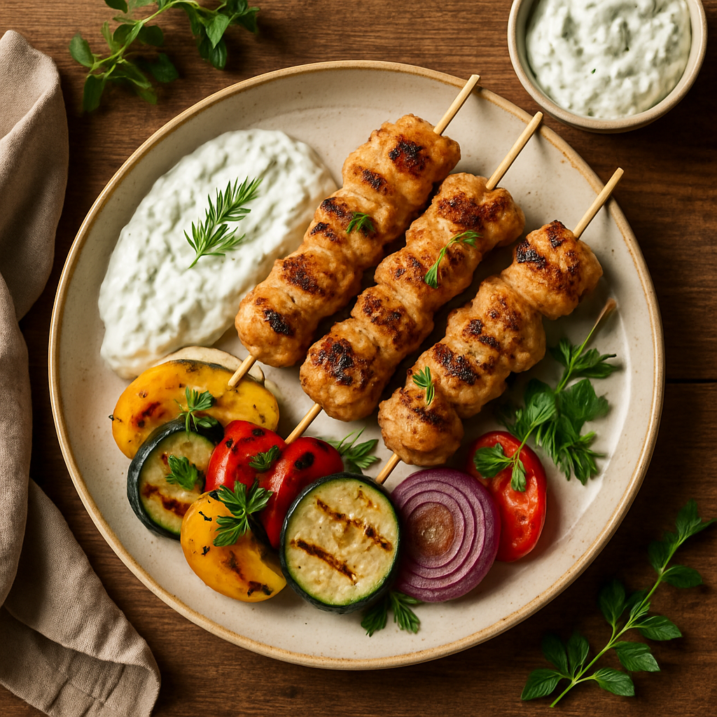 Kylling souvlaki med tzatziki og grillede grøntsager