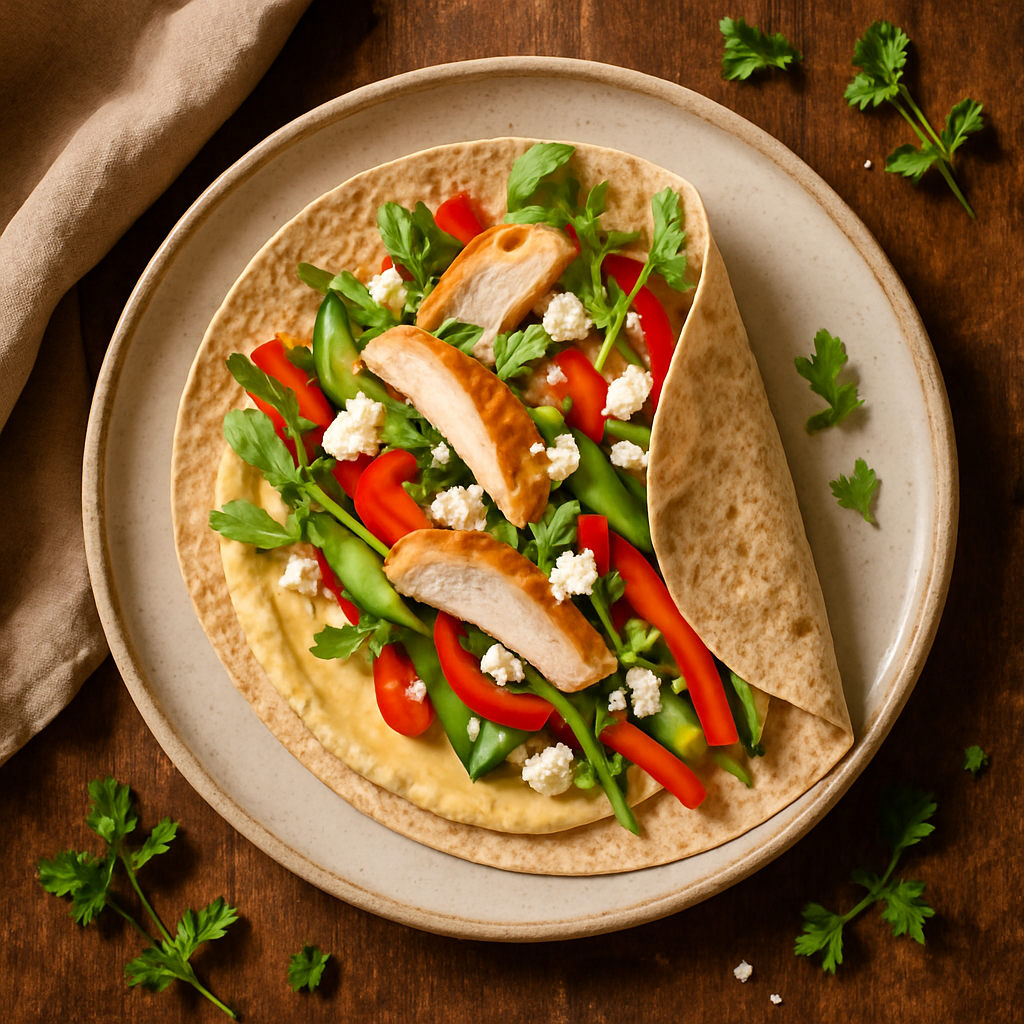 Kyllingewrap med hummus, friske grøntsager og feta