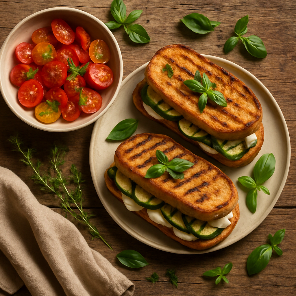 Lækre grillet zucchini- og mozzarella-sandwiches med tomatsalat