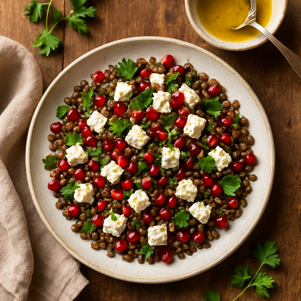 Linsesalat med feta, granatæble og citrus-dressing