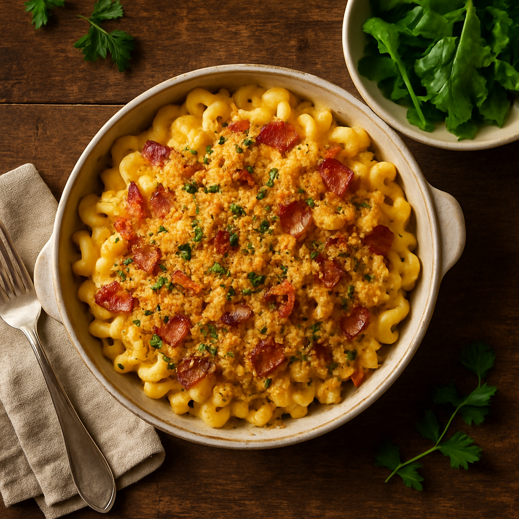 Mac and cheese med bacon og brødkrumme-topping