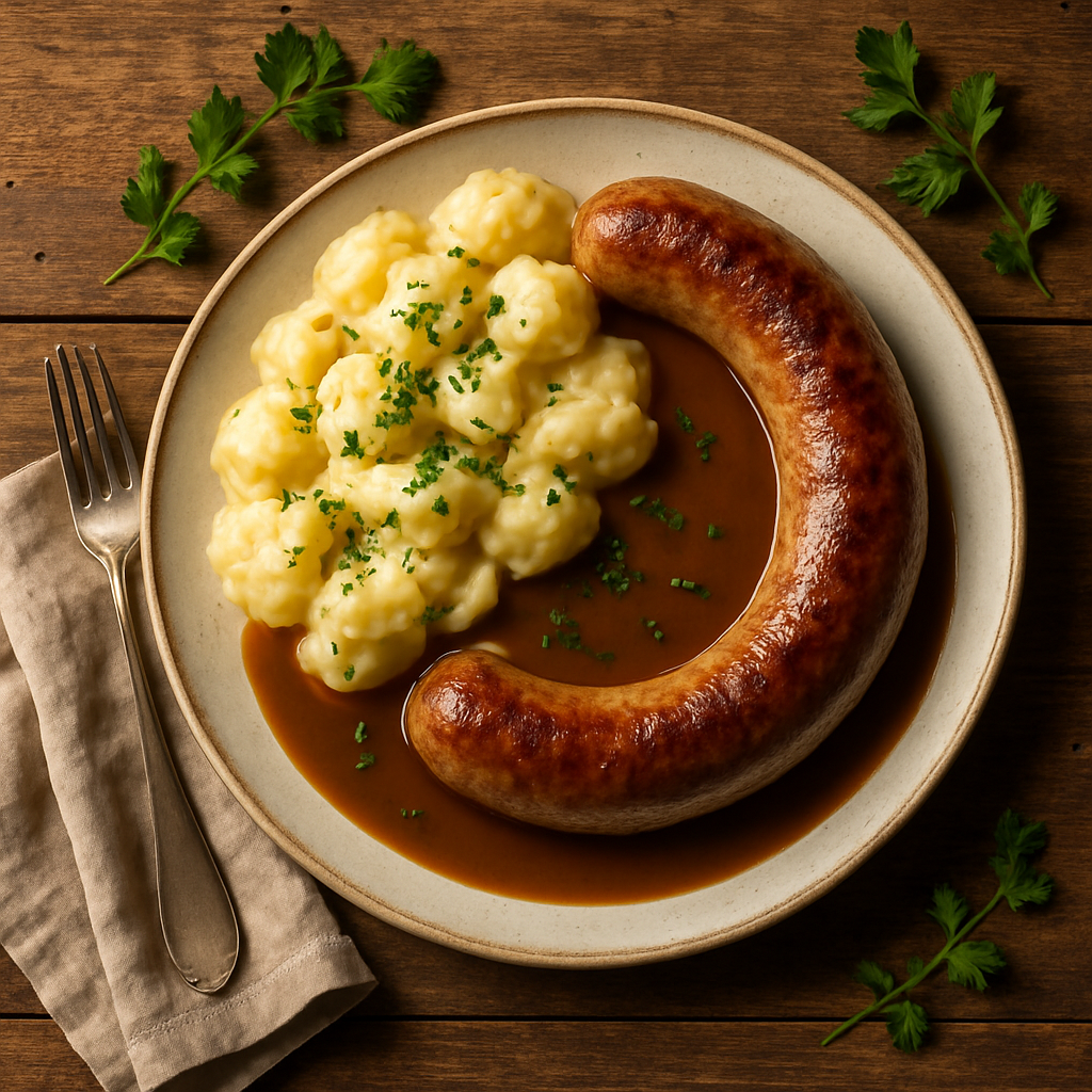 Medisterpølse med stuvede kartofler og brun sovs