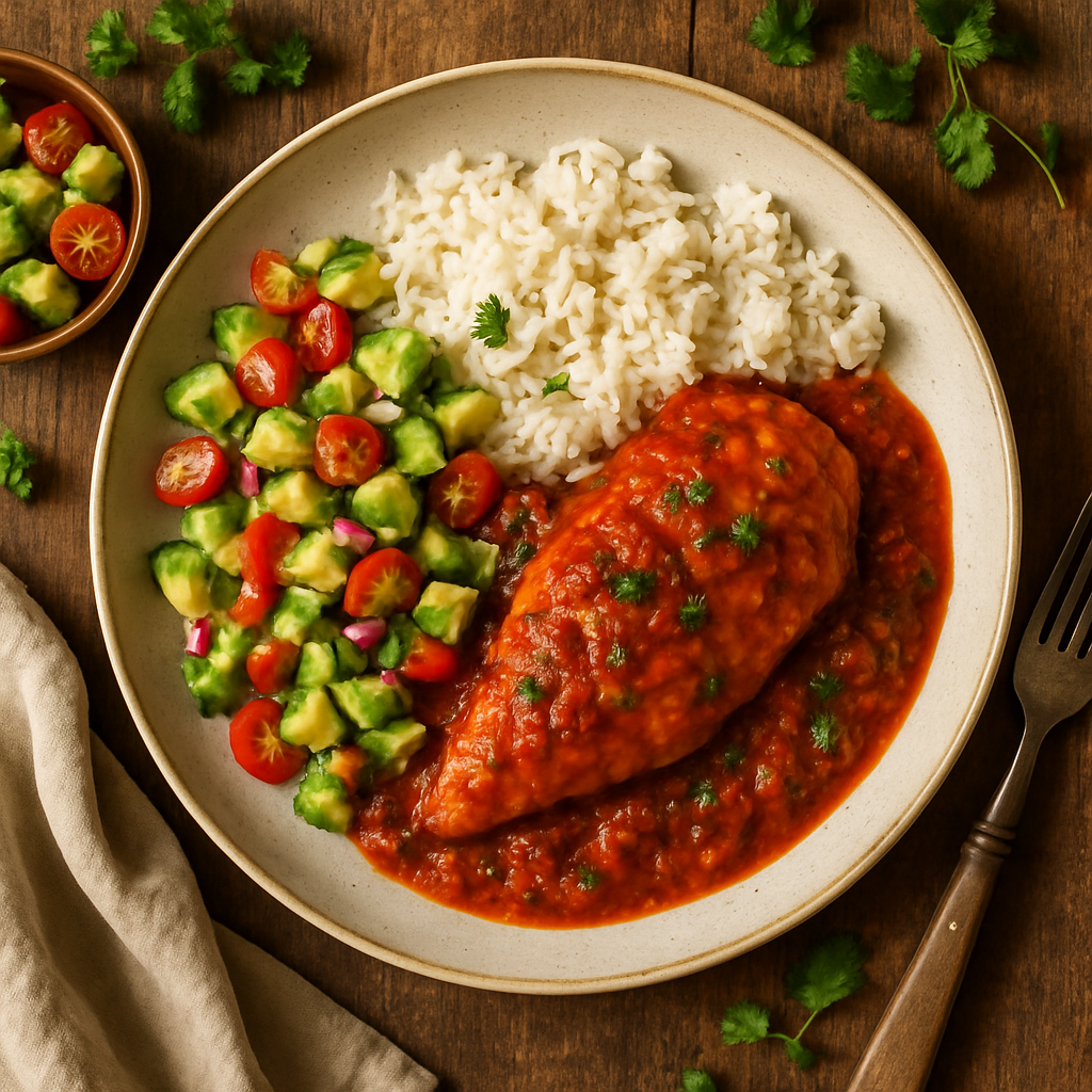 Mexicansk kylling i krydret tomatsauce med avocadosalat og ris