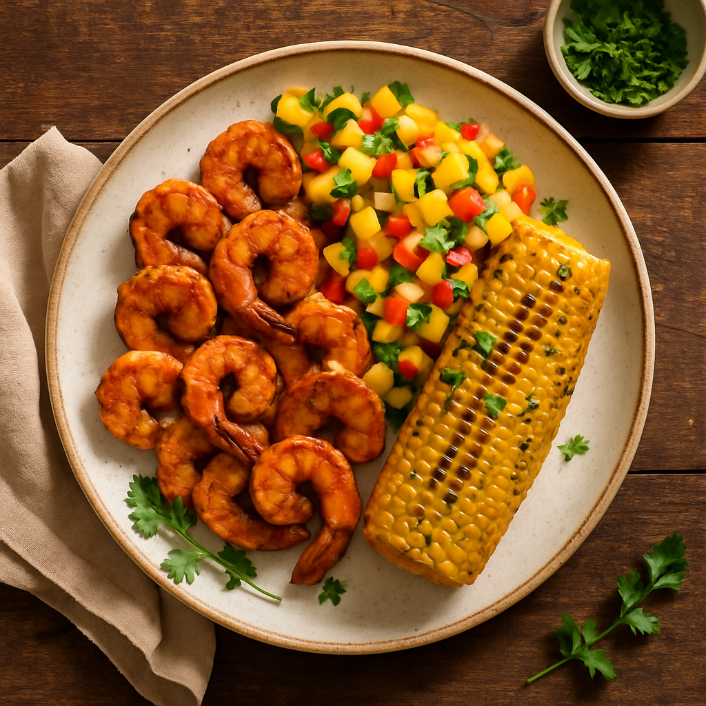 Mexicanske rejer med mango-salsa og grillet majs