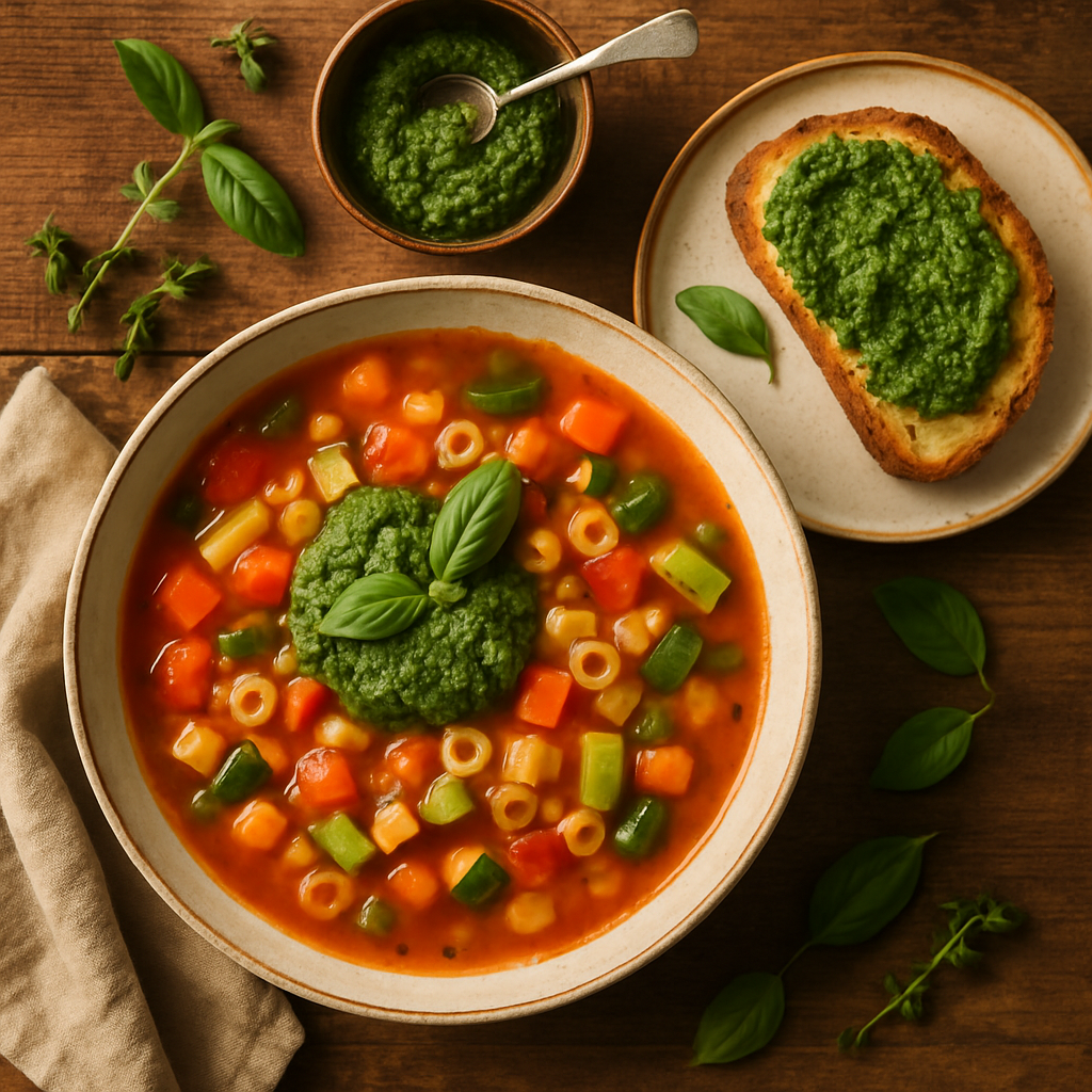 Minestrone med pesto og bruschetta