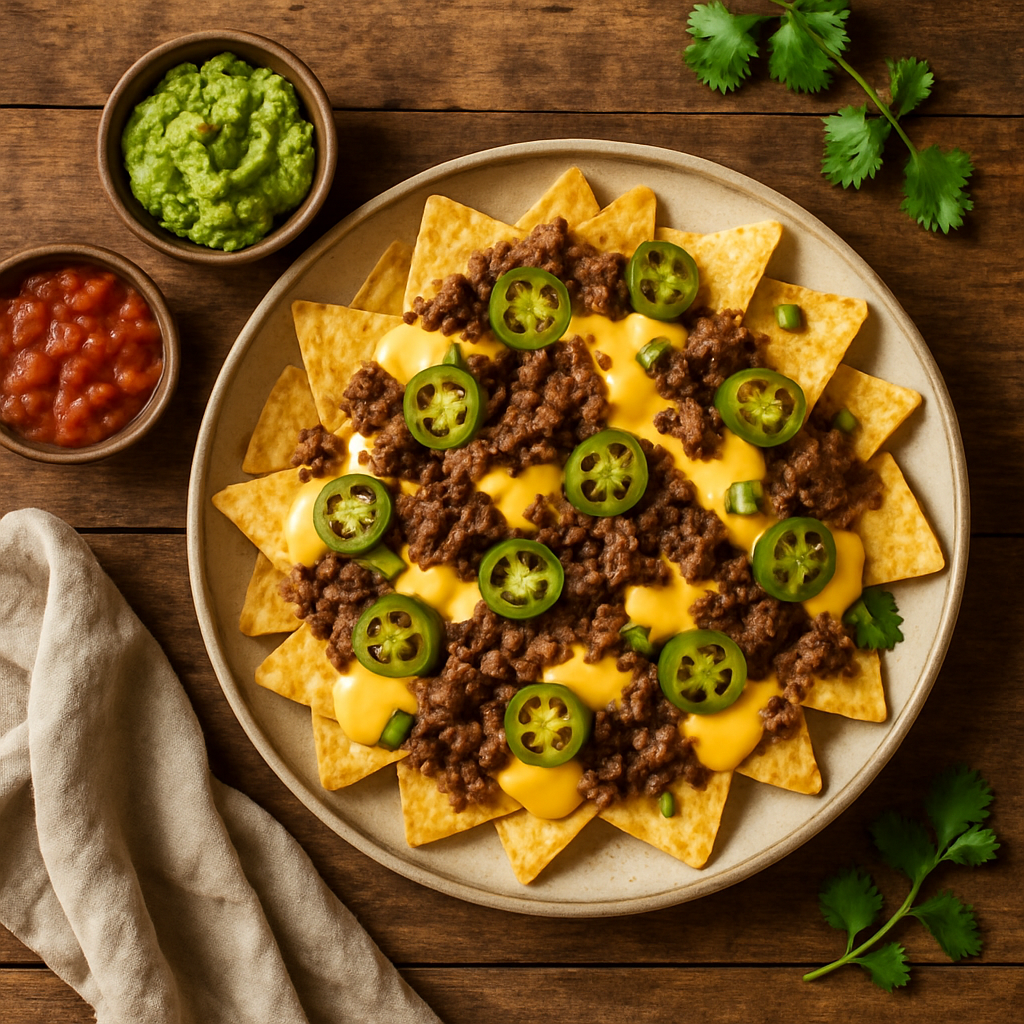 Nachos grande med oksekød, jalapeños og ostesauce