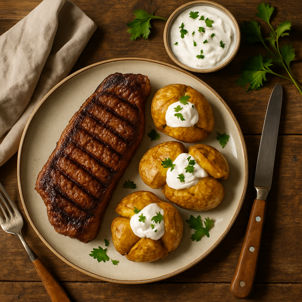 New York strip steak med bagte kartofler og sour cream