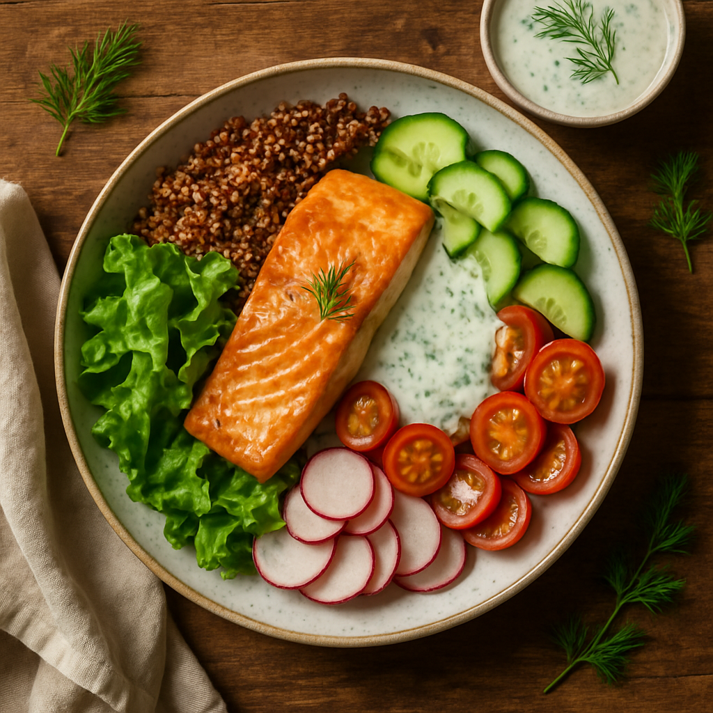 Nordisk lakse-bowl med quinoa, dild-dressing og grøntsager
