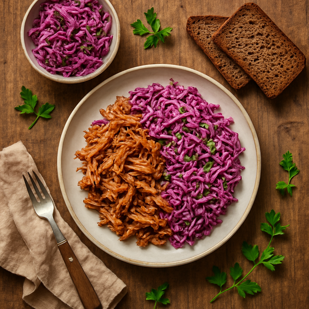 Nordisk pulled pork med rødkålsslaw og rugbrød