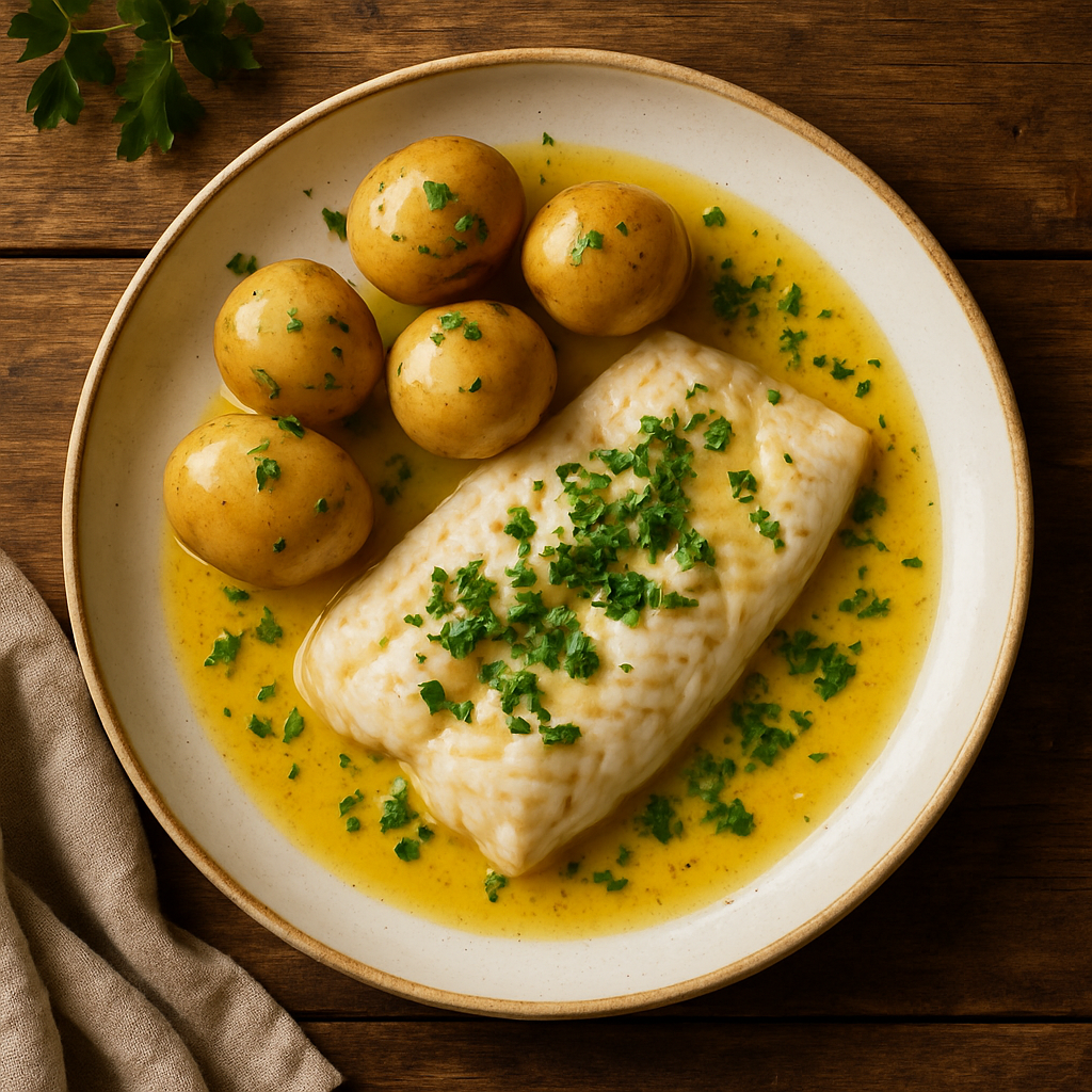 Ovnbagt sej med smørsauce og nye kartofler