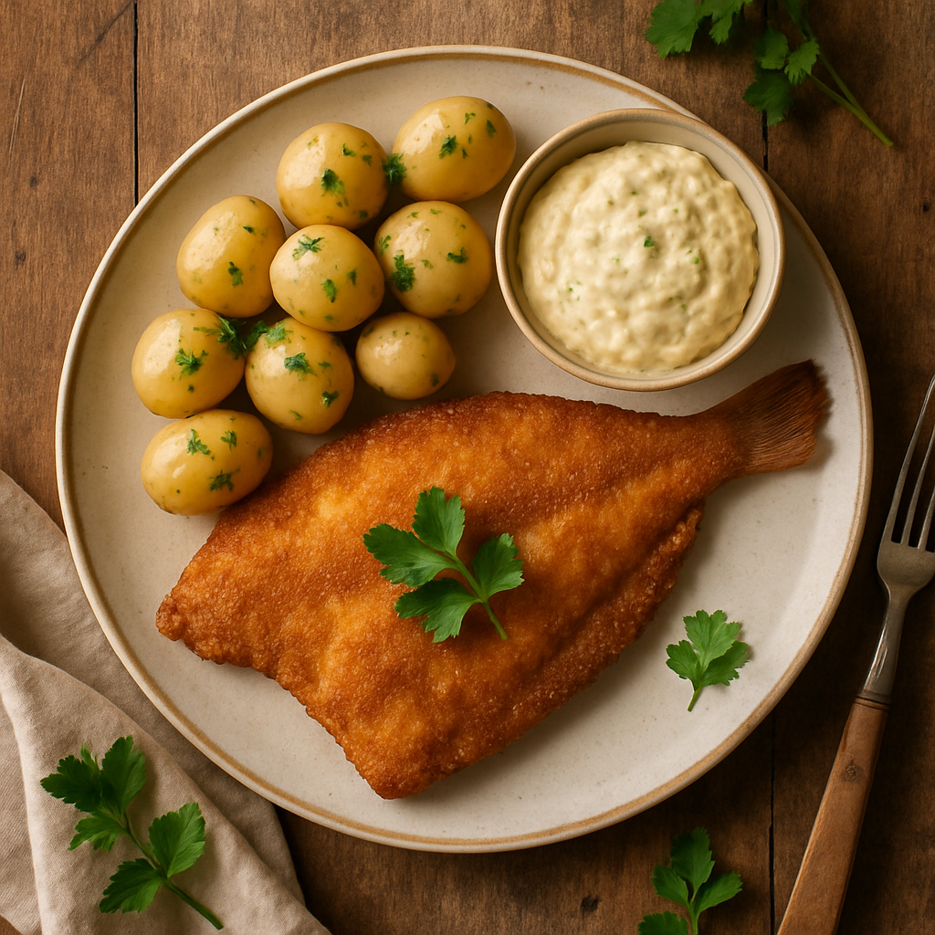 Pandestegt rødspætte med remoulade og nye kartofler