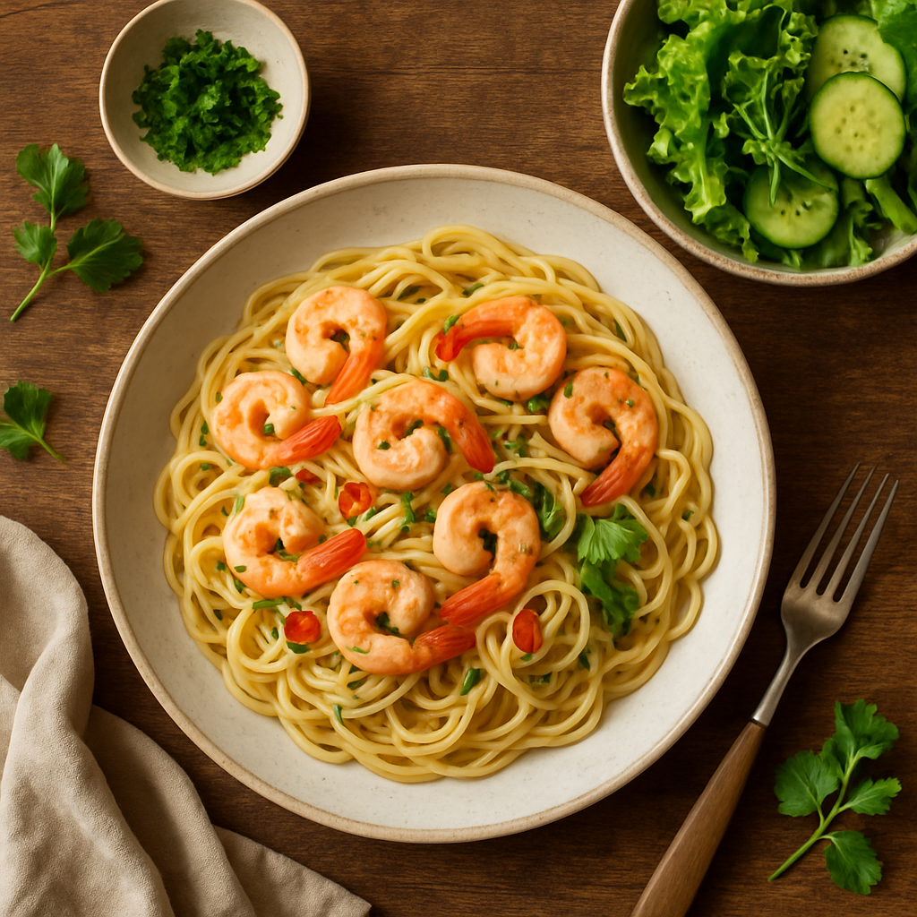 Pasta aglio e olio med rejer og chili og frisk grøn salat