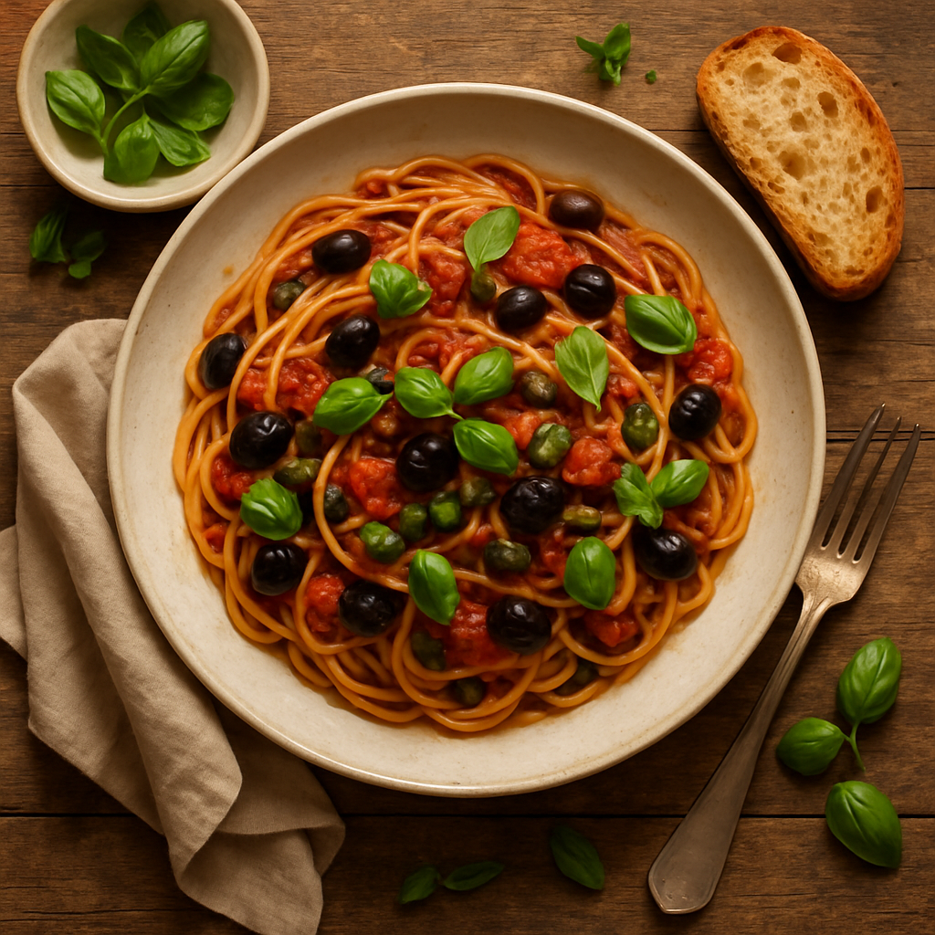 Pasta puttanesca med oliven, kapers og frisk basilikum