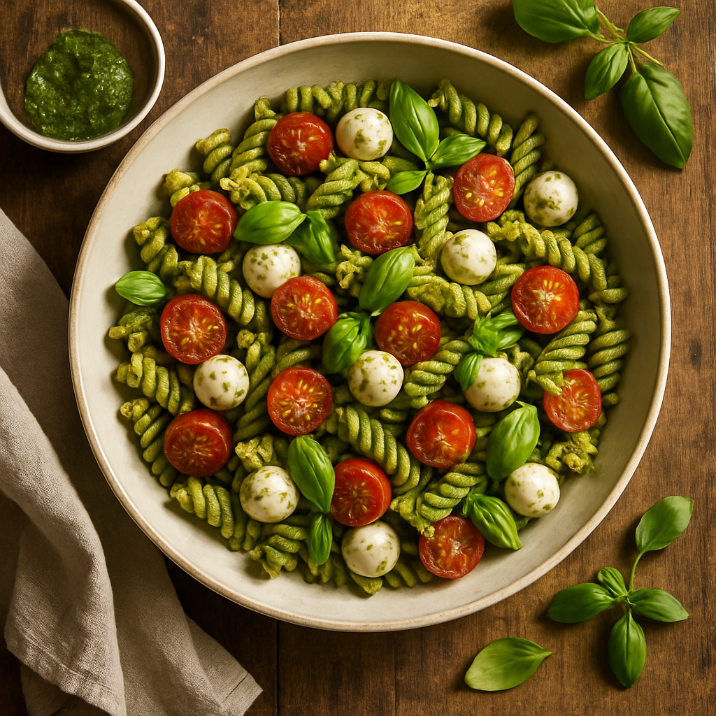 Pasta-salat med pesto, cherrytomater og mozzarella