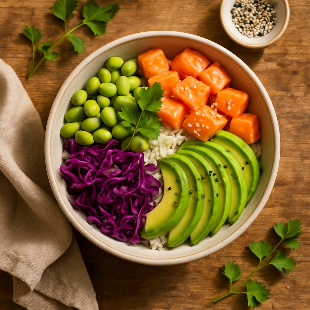 Poke bowl med laks, avocado og edamame