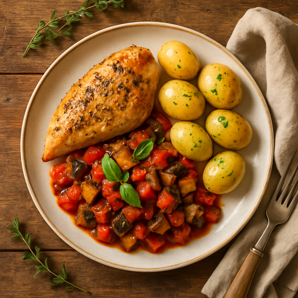 Provencalsk kylling med ratatouille og nye kartofler