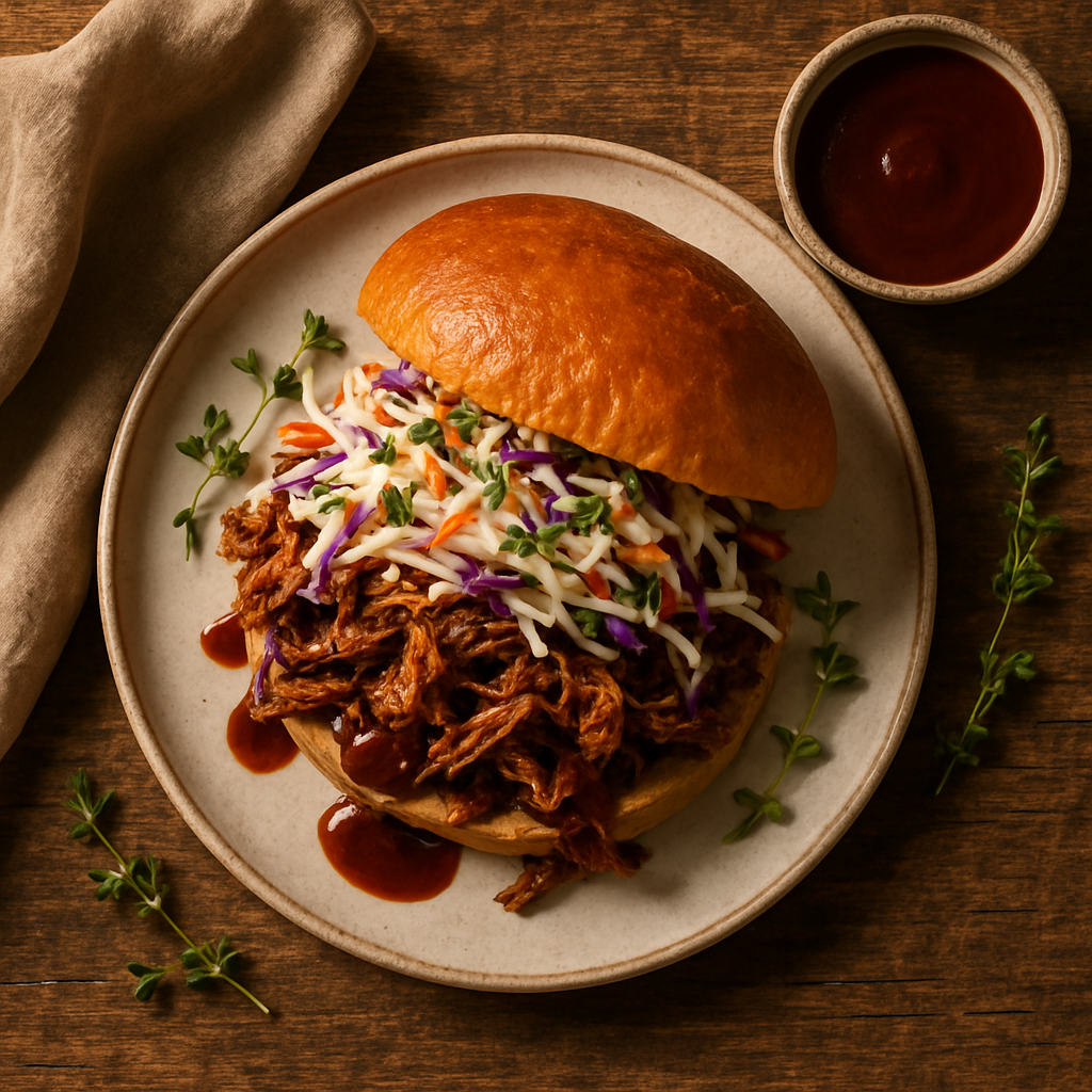 Pulled Pork Sandwich med Coleslaw og BBQ-sauce