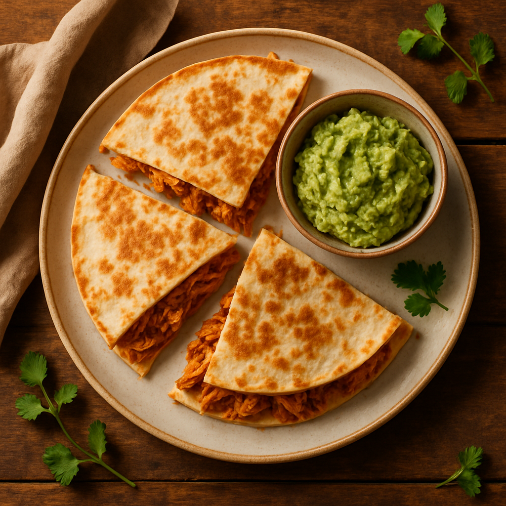 Quesadillas med pulled chicken og guacamole