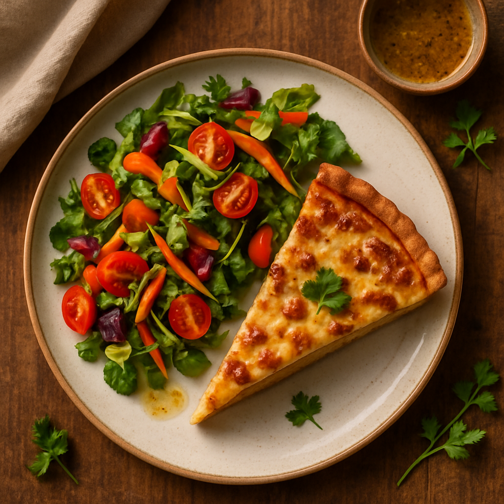 Quiche Lorraine med frisk salat og vinaigrette