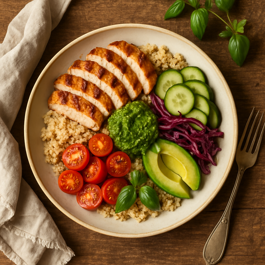 Quinoa-bowl med grillet kylling og pesto