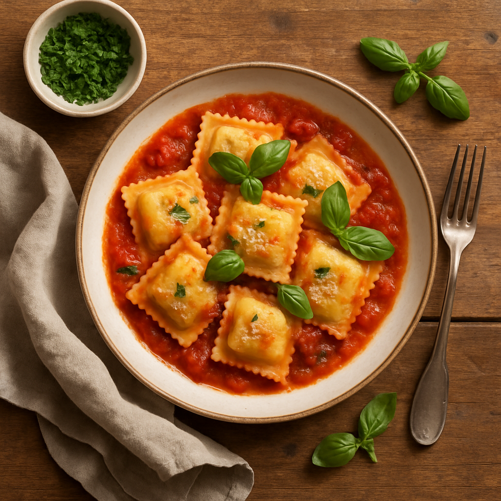 Ravioli med ricotta og spinat i tomatsauce