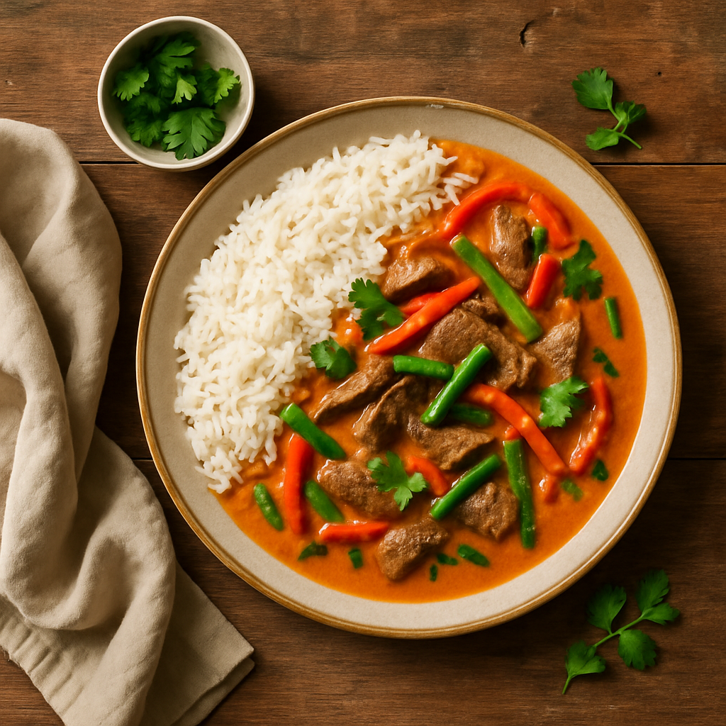 Rød thai curry med oksekød og jasminris