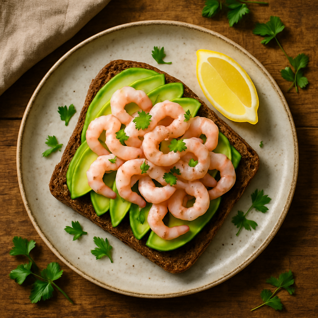 Rugbrød med avocado, rejer og citron