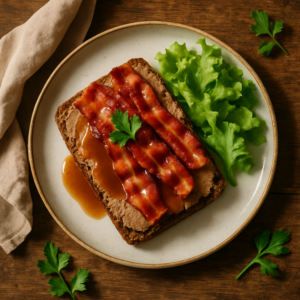 Rugbrød med leverpostej, sprødt bacon og lækker sky
