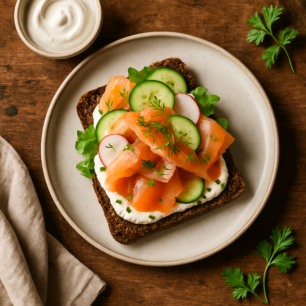 Rugbrød med røget laks og creme fraiche