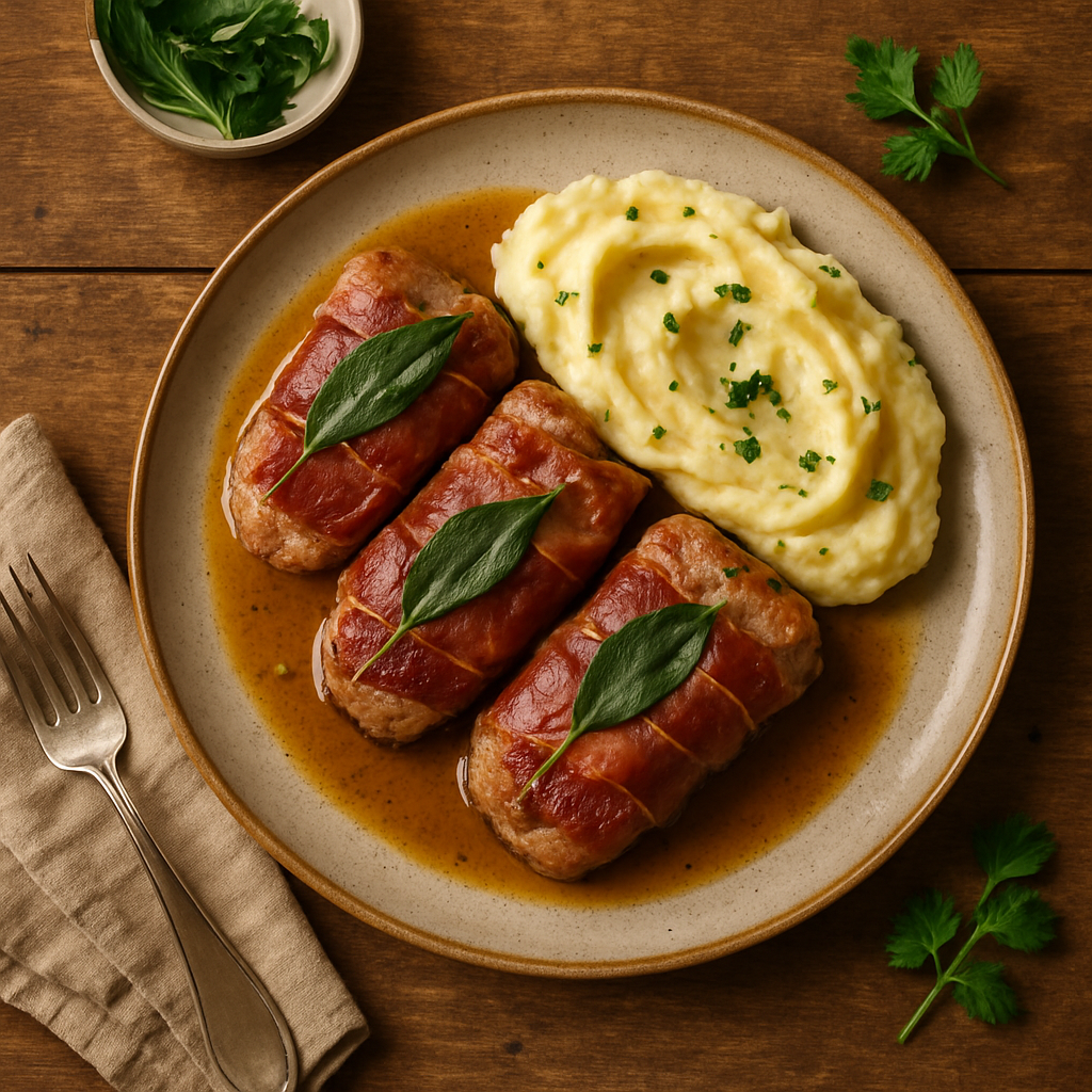 Saltimbocca med salvie, skinke og cremet kartoffelmos