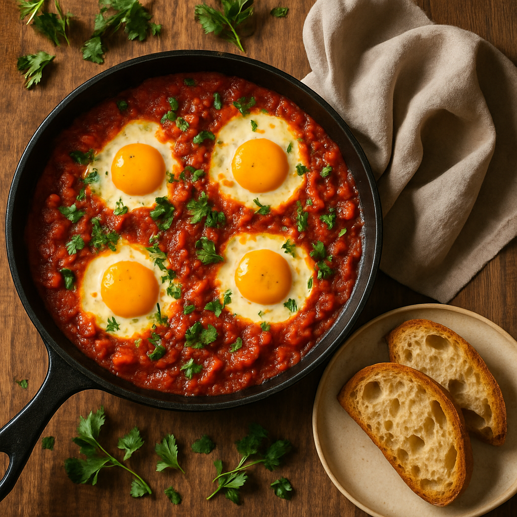 Shakshuka med æg i krydret tomatsauce og sprødt brød