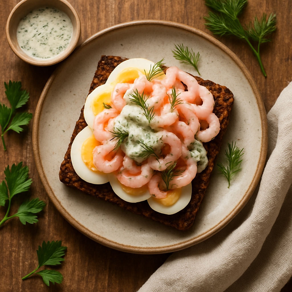 Smørrebrød med æg og rejer på rugbrød med dilddressing