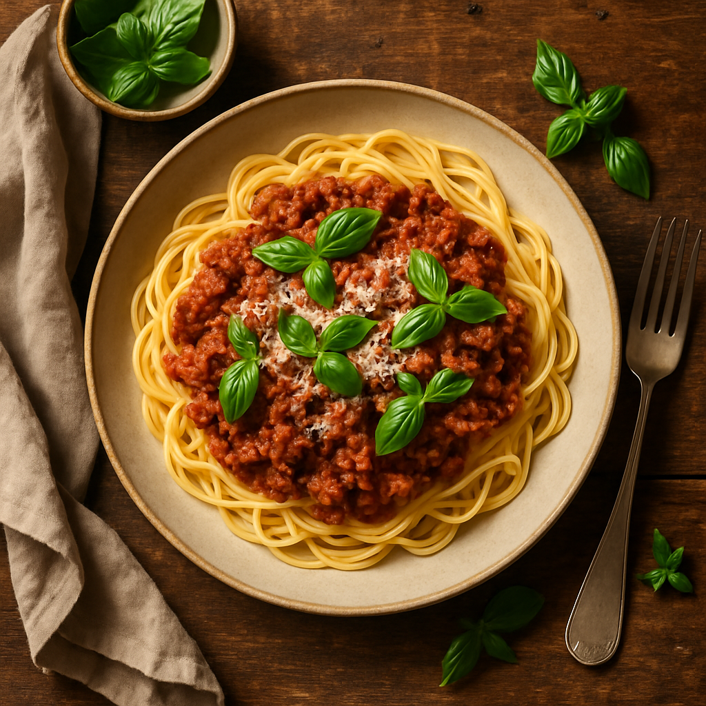Spaghetti bolognese med parmesan og frisk basilikum
