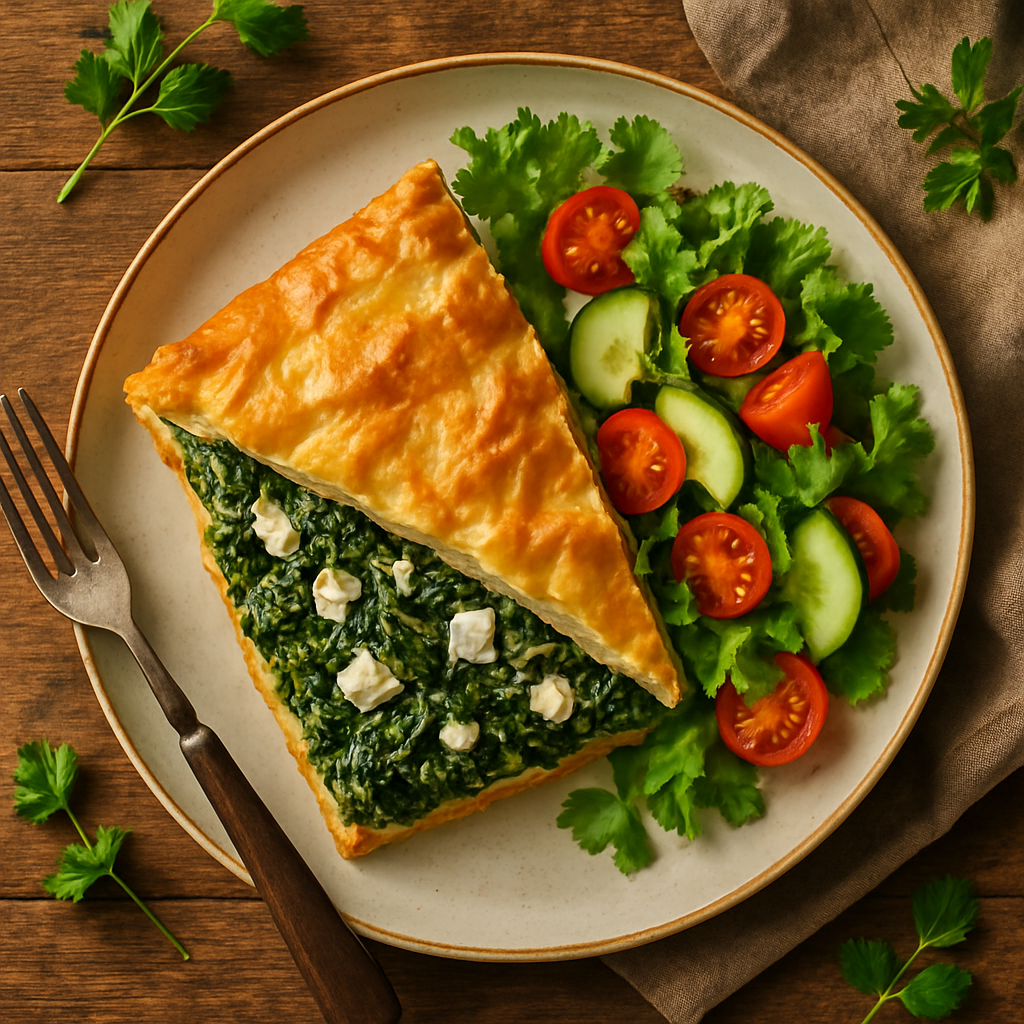 Spanakopita — græsk spinattærte med feta og frisk salat