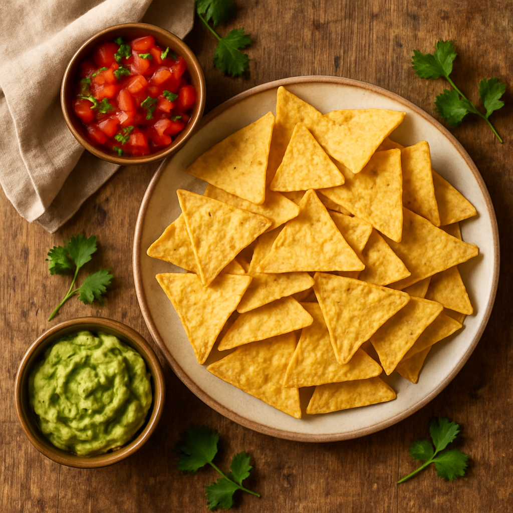 Sprøde tortilla-chips med hjemmelavet salsa og guacamole