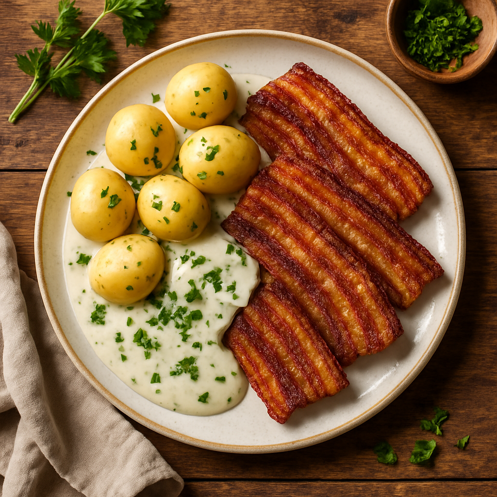 Stegt flæsk med persillesovs og nye kartofler