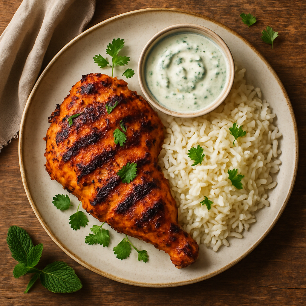Tandoori kylling med mint-yoghurt og ris