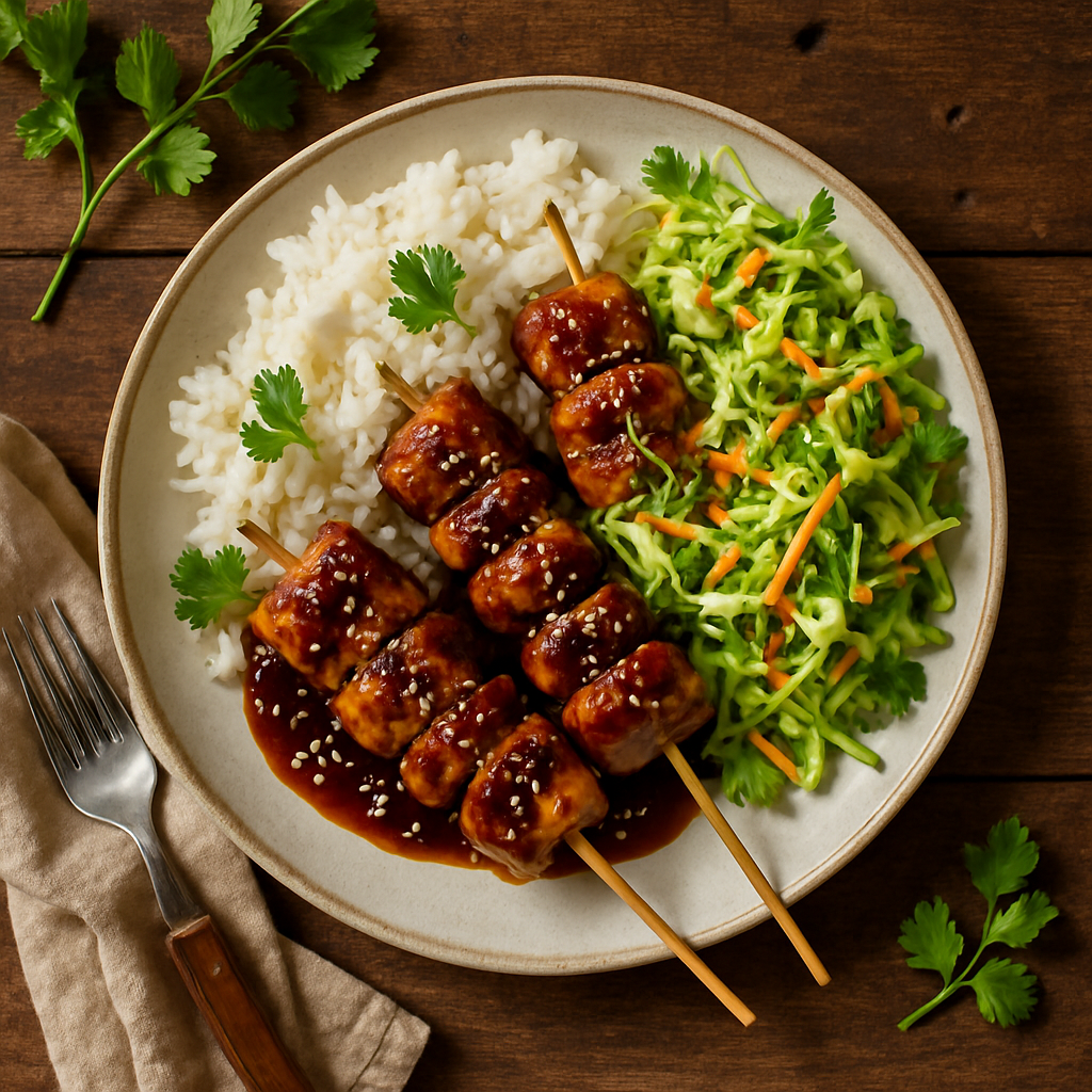 Teriyaki kyllingespyd med sesamsalat og ris