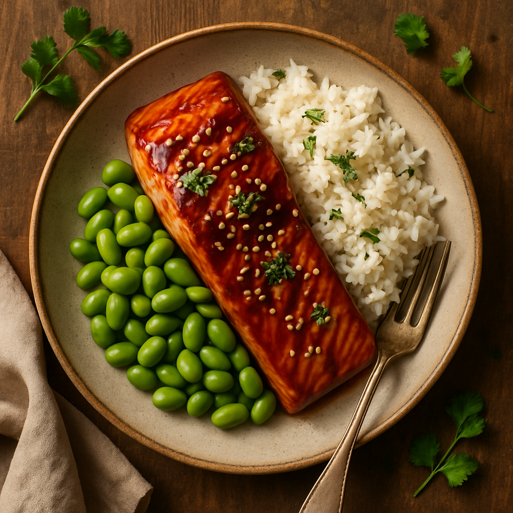 Teriyaki laks med edamame og ris