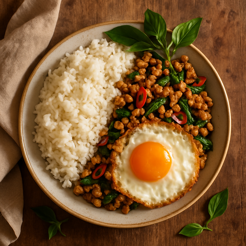Thai basilikum-kylling (Pad Krapao) med stegte æg og jasminris