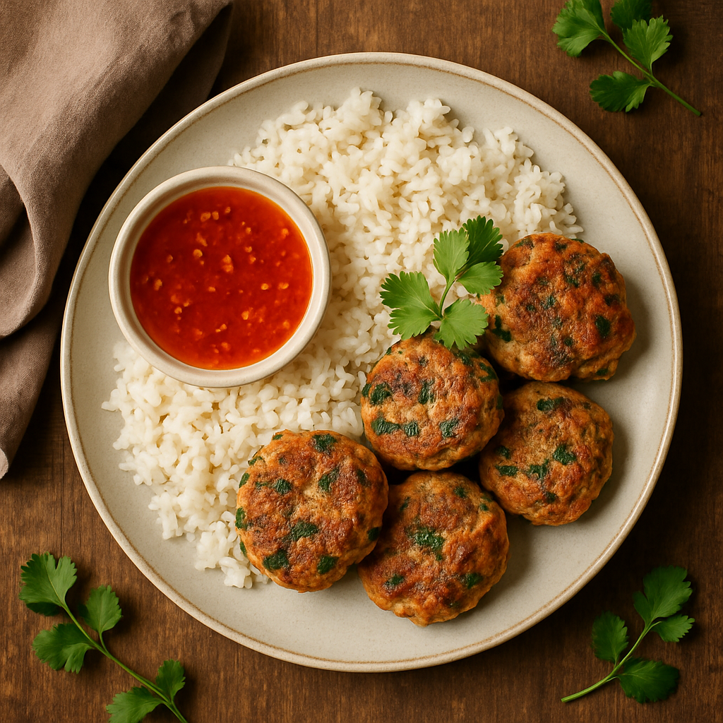 Thai fiskefrikadeller med sød chilisauce og jasminris
