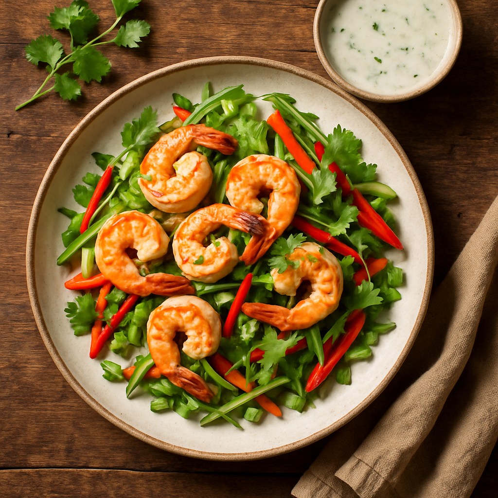 Thai-inspirerede rejer med friske grøntsager og kokos-lime dressing