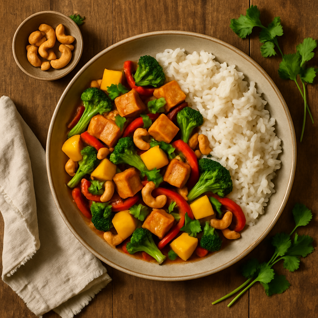 Thai wok med tofu, mango og cashewnødder med jasminris
