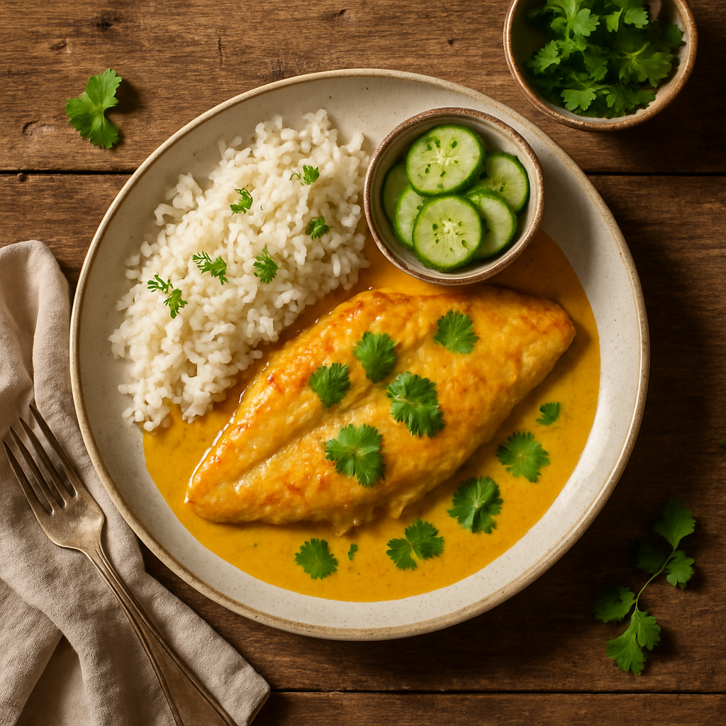 Thailandsk fiskefilet med kokos-curry sauce og jasminris