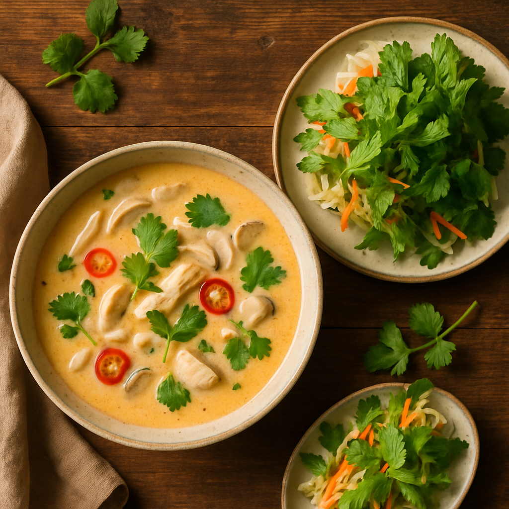 Tom Kha Gai — Thai Kokossuppe med Kylling og Frisk Rispapirsalat
