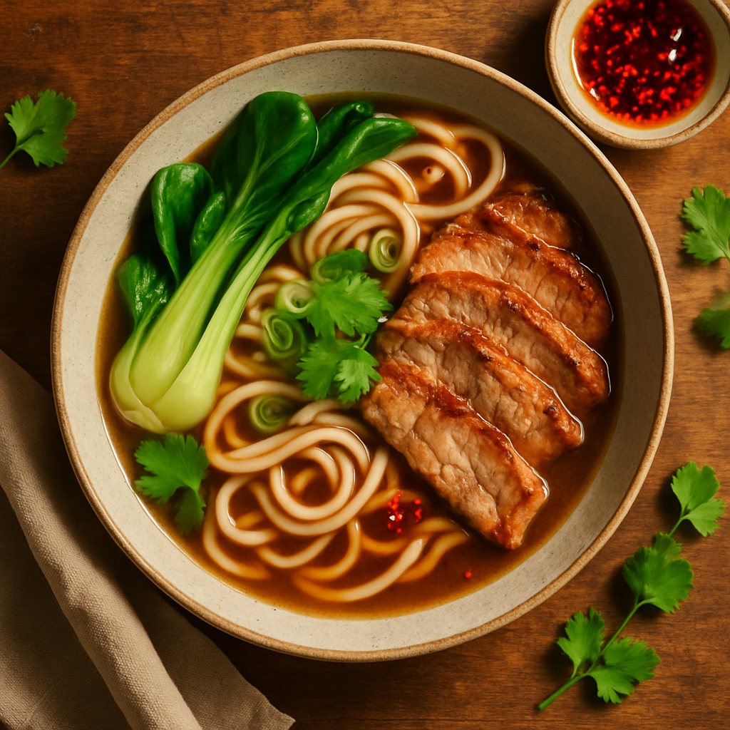 Udon nudelsuppe med svinekød og miso