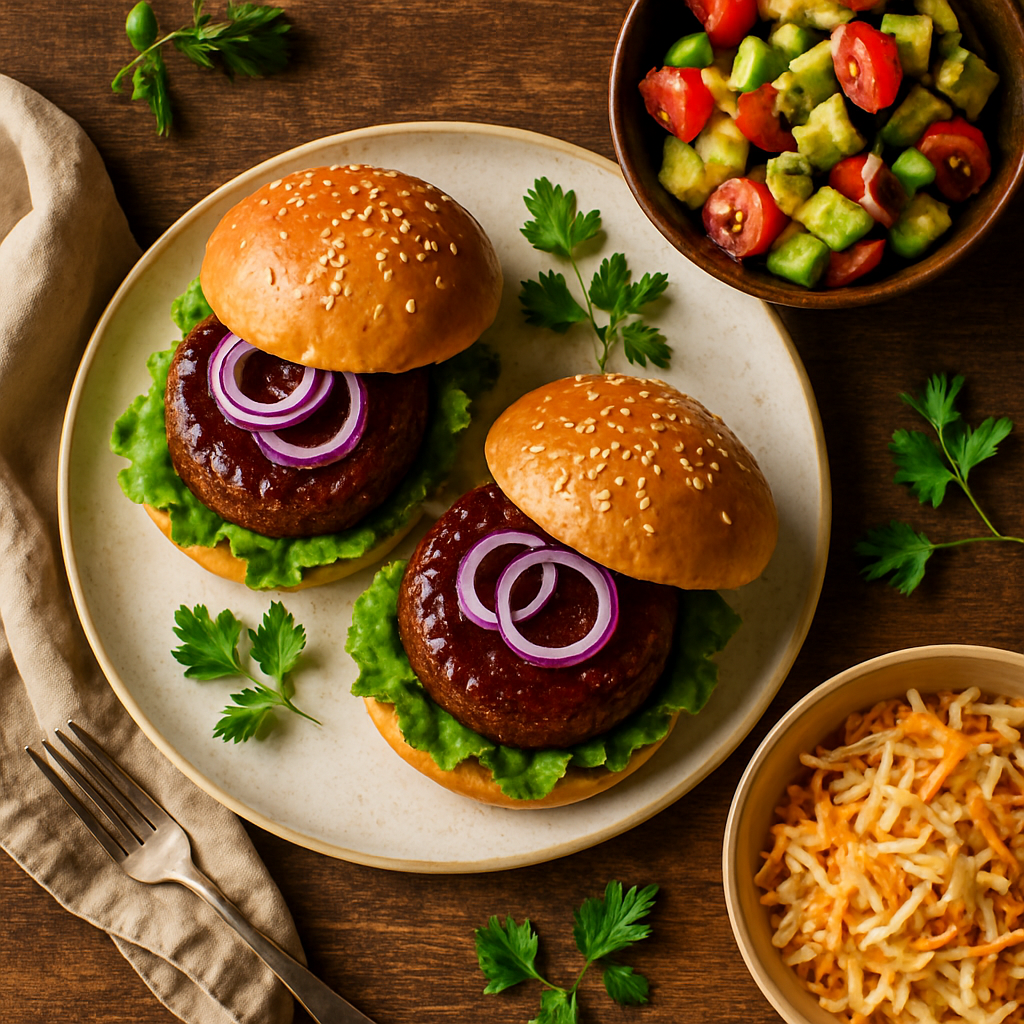 Vegetariske BBQ-burgere med avocadosalat og coleslaw