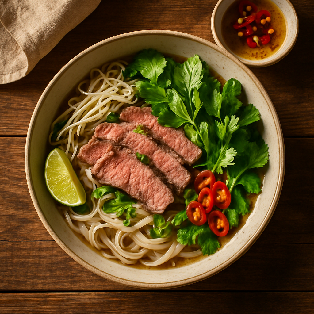 Vietnamesisk pho bo med oksekød og friske urter